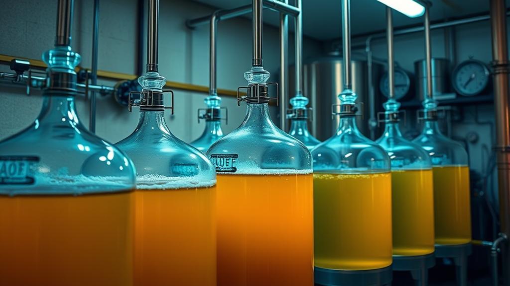 Glass fermentation vessels with golden wort and airlocks