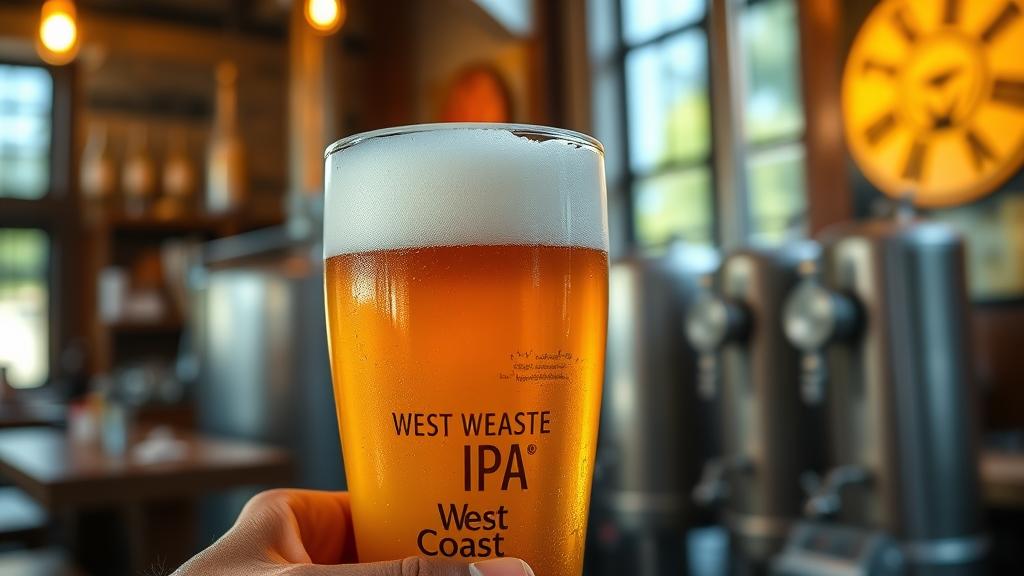 Perfectly poured West Coast IPA with dense cream head and golden-amber clarity
