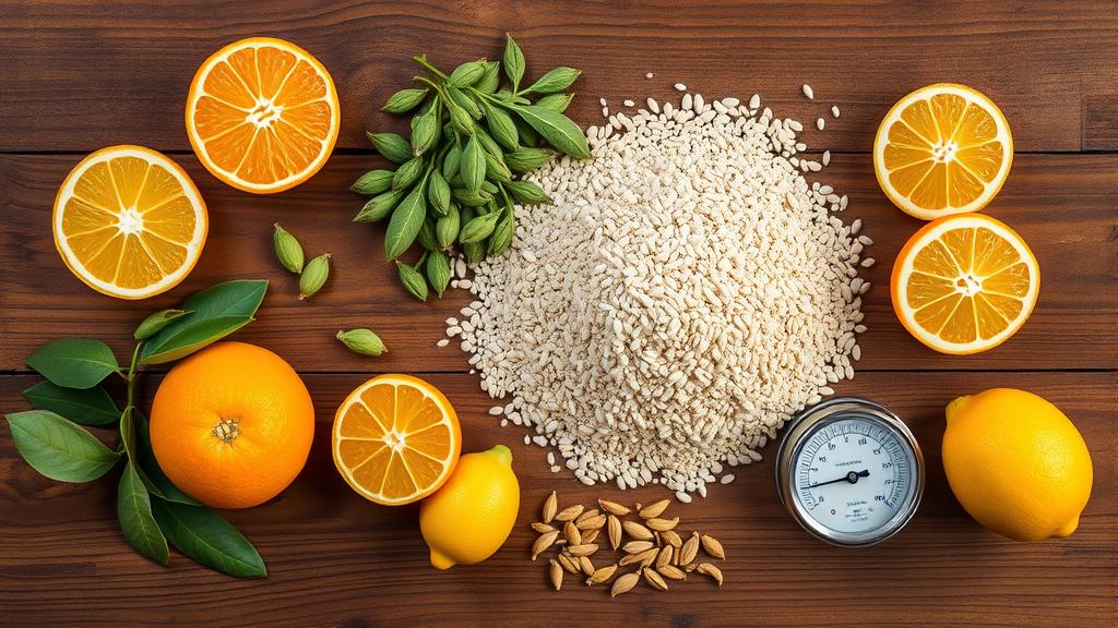 Homebrewing ingredients for citrus wheat ale: wheat malt, Citra and Amarillo hops, fresh orange and lemon zest
