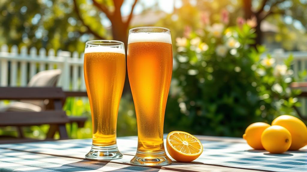 Two glasses of golden hazy wheat ale on a picnic table in a sunny garden