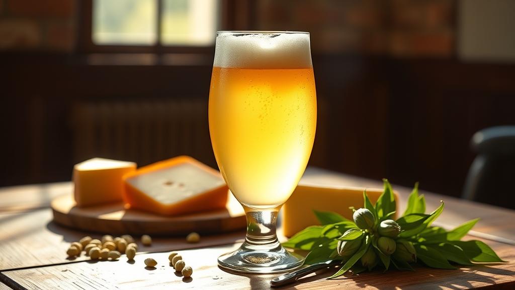 White IPA poured in Belgian glass with hops and cheese
