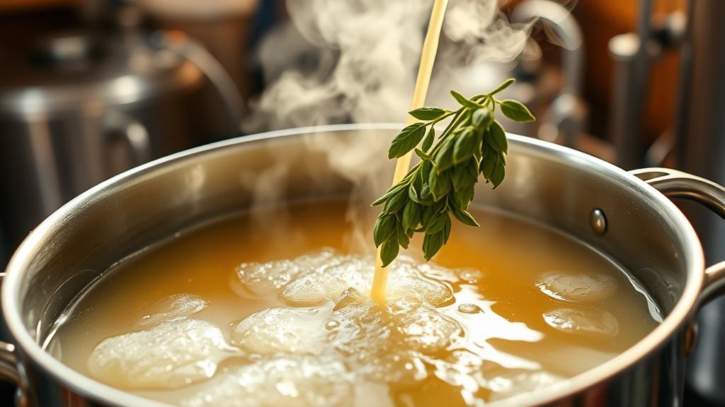 Boiling wort with fresh hops being added to brewing kettle