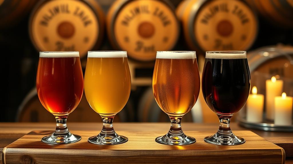 Tasting flight of four wild ale samples in Belgian beer glasses, ranging from pale golden to burgundy, wooden tasting board