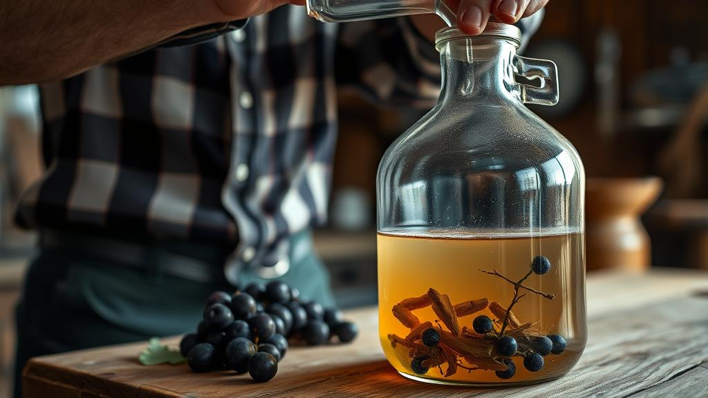 Homebrewer preparing wild yeast starter with fresh fruit and oak fragments on wooden workbench