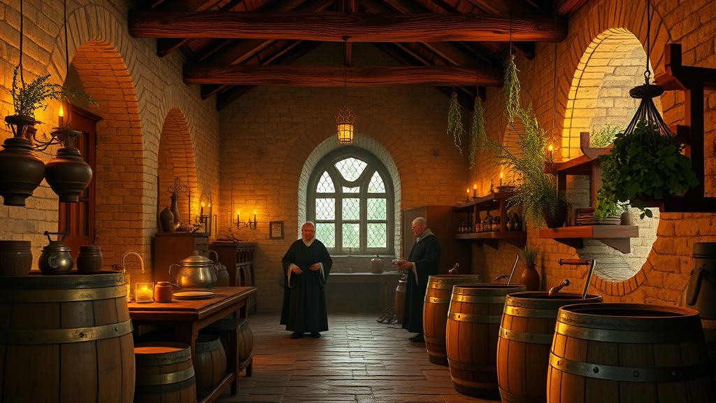 Medieval monastery monks brewing grut ale in candlelit stone kitchen with herb bundles hanging from beams