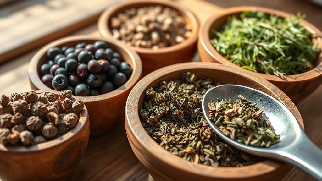Close-up overhead of dried gruit herbs in wooden bowls: juniper berries, heather, mugwort, caraway seeds, wormwood on rustic counter