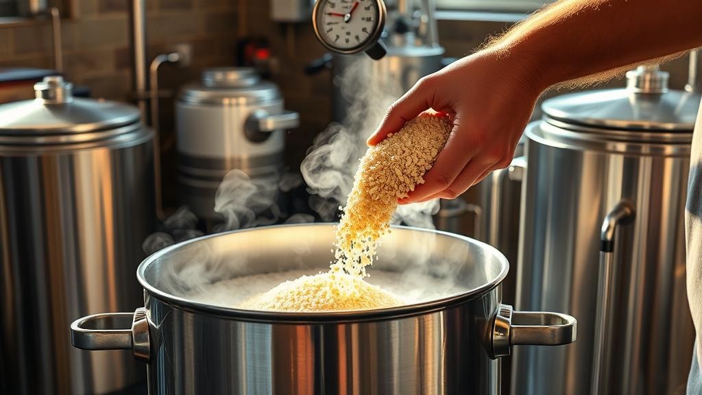 Homebrewer adding crushed pale malt to hot water mash tun, steam rising, digital thermometer, stainless kettle in background, garage brewery