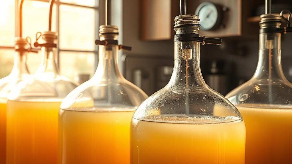 Fermentation vessel with active airlock bubbling, clear glass carboy, temperature gauge on side, dark background