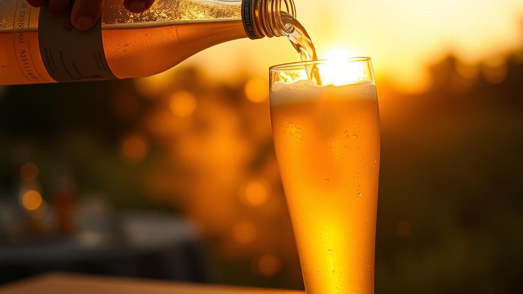 Pouring amber grut ale into glass, candlelit background, herbal aroma rising, monastic setting