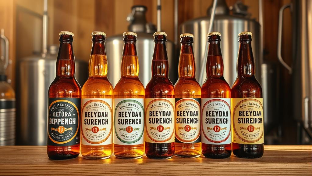 Six mid-strength beer bottles with custom labels lined up on a wooden shelf