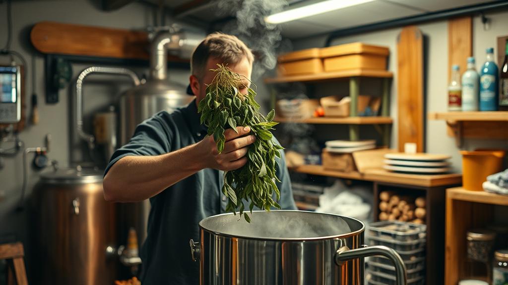 Homebrewer adding fresh foraged wild hops to boiling kettle in garage brewery
