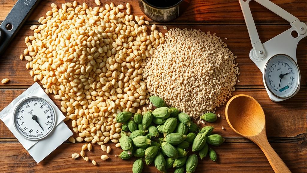Brewing ingredients laid out on a wooden table: pale malt, hops, yeast, and hydrometer