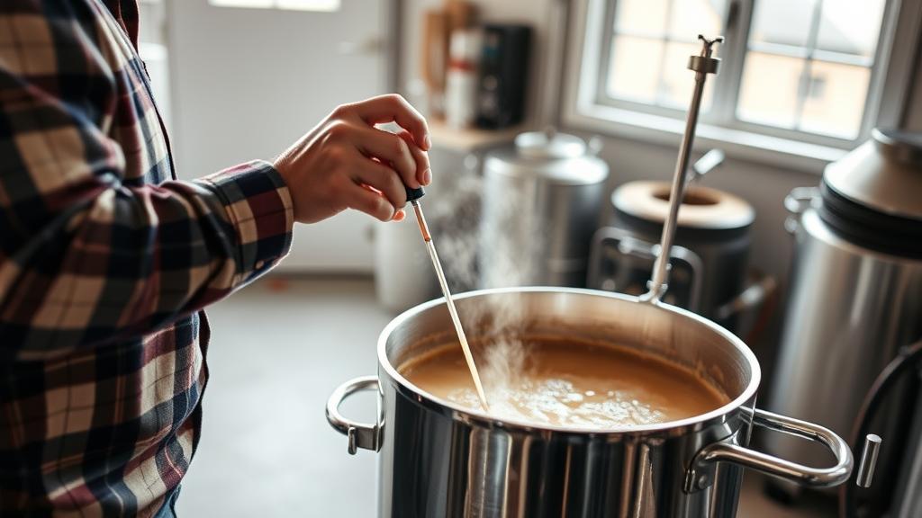 Homebrewer checking mash temperature during coffee stout brewday