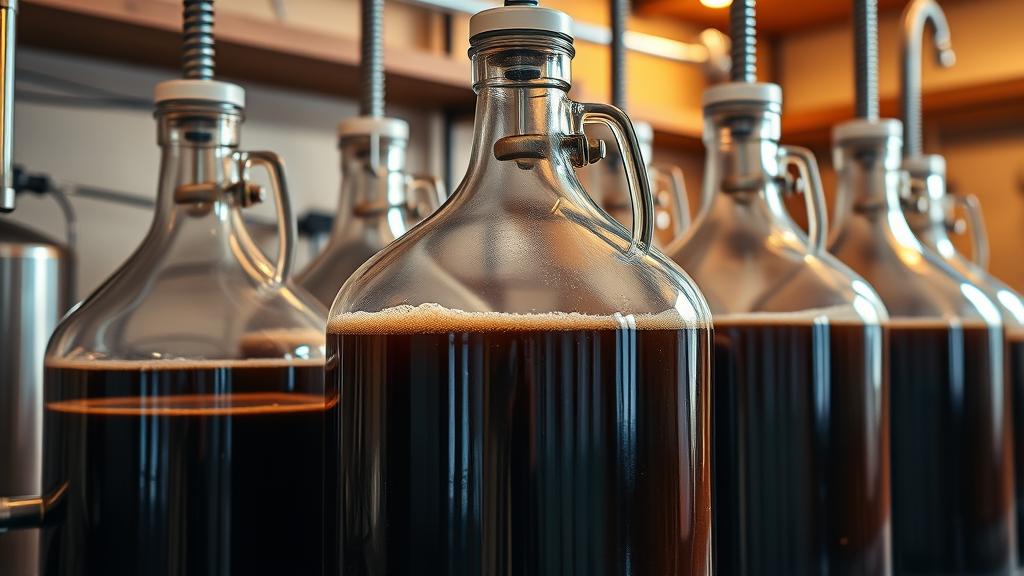 Glass carboys fermenting coffee stout beer with active airlock
