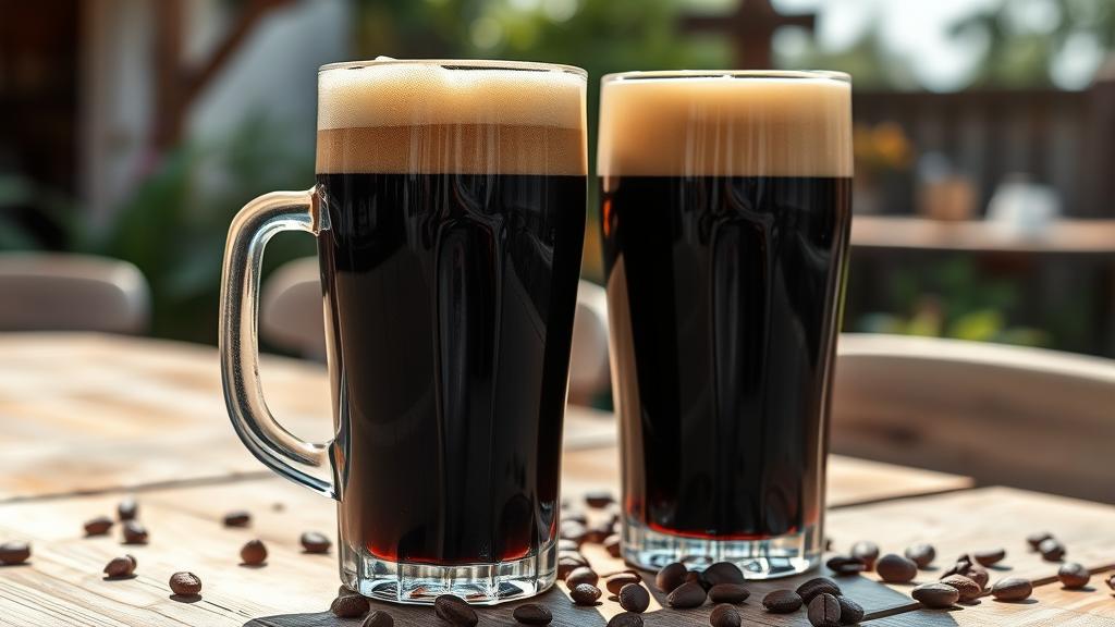 Finished coffee stout beer poured into glasses with roasted coffee beans nearby