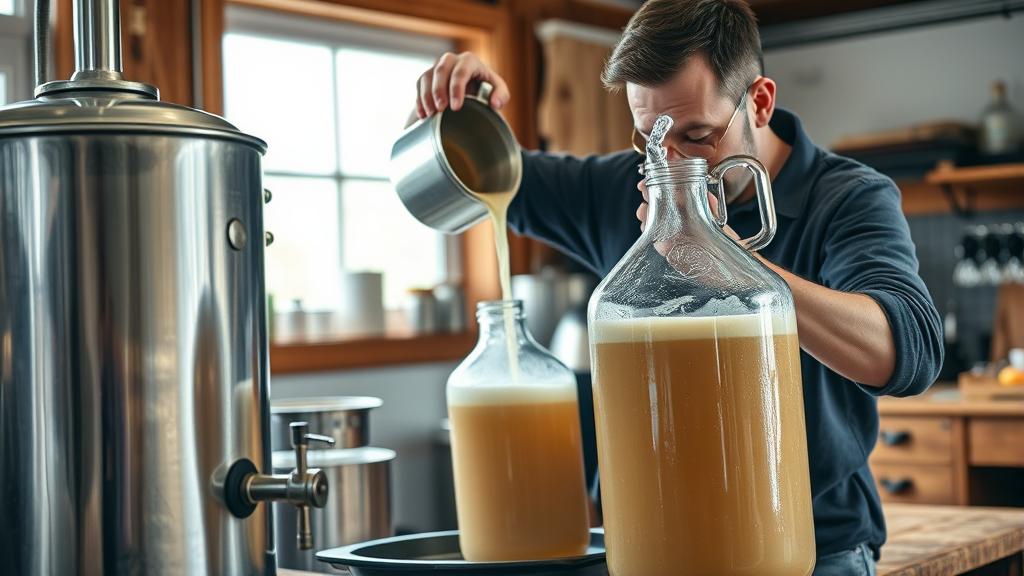Pouring pale wort into glass carboy during brew day