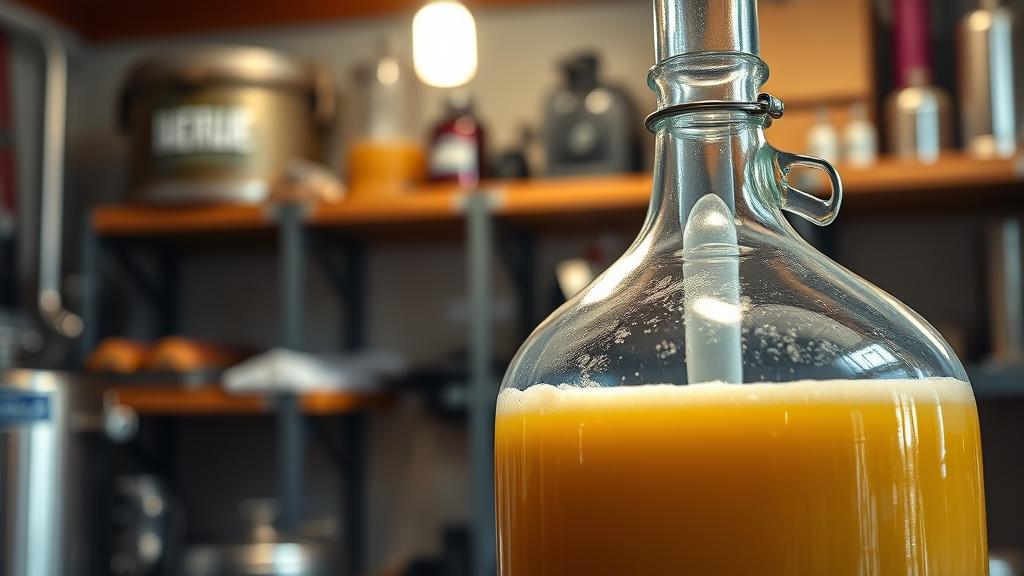 Glass carboy with cream ale fermenting, airlock active, temperature controller visible