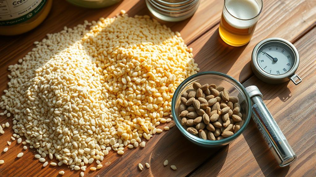 Cream ale ingredients laid out: pale malt, flaked corn, Saaz hops, yeast vial