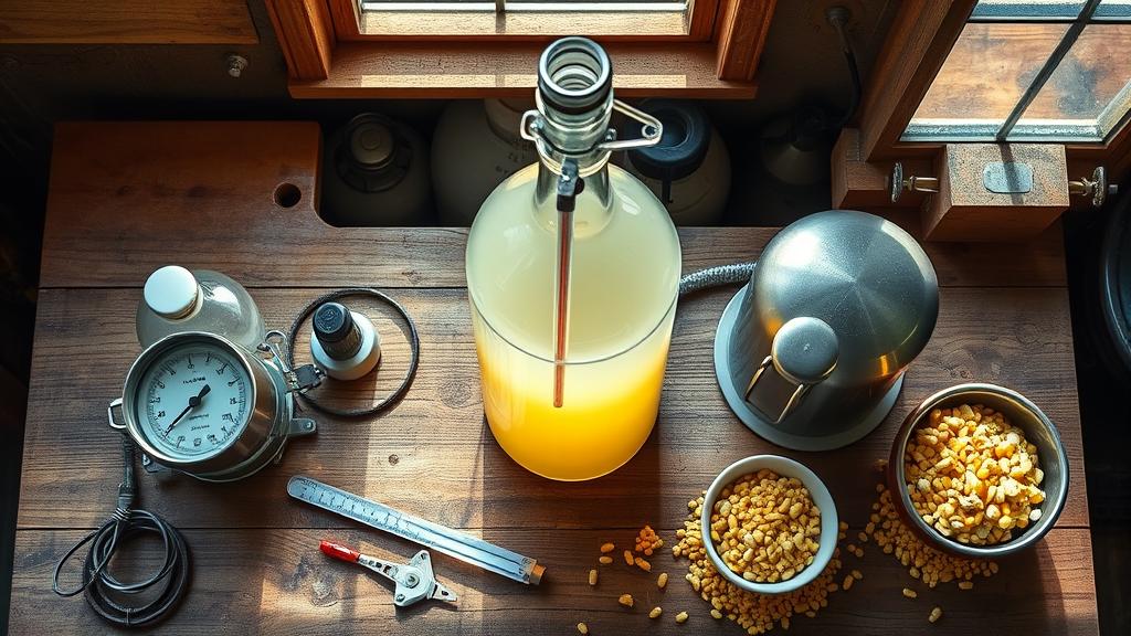 Homebrew cream ale fermentation setup with pale golden liquid in glass carboy