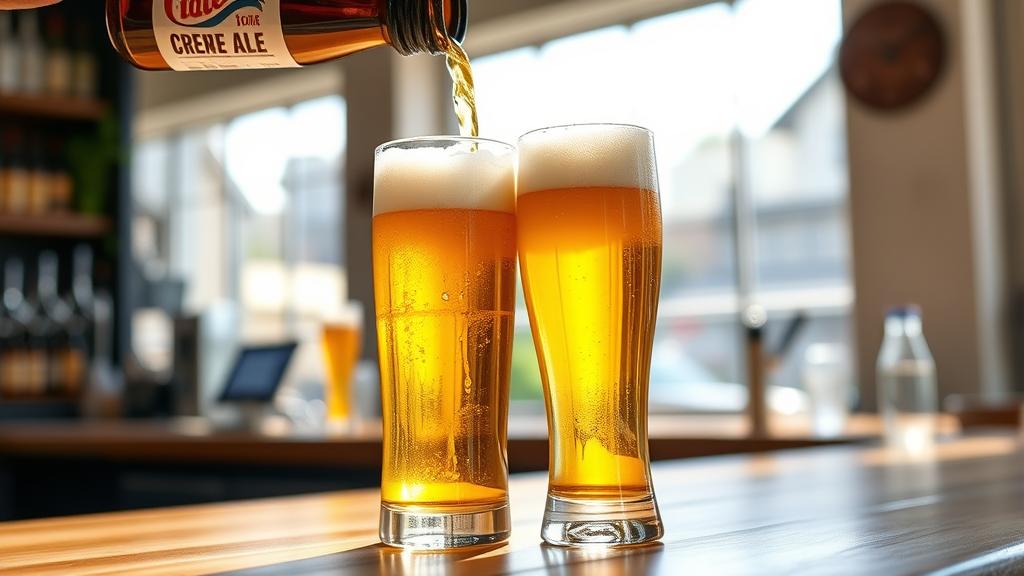 Golden cream ale being poured into a pint glass, white foam head forming