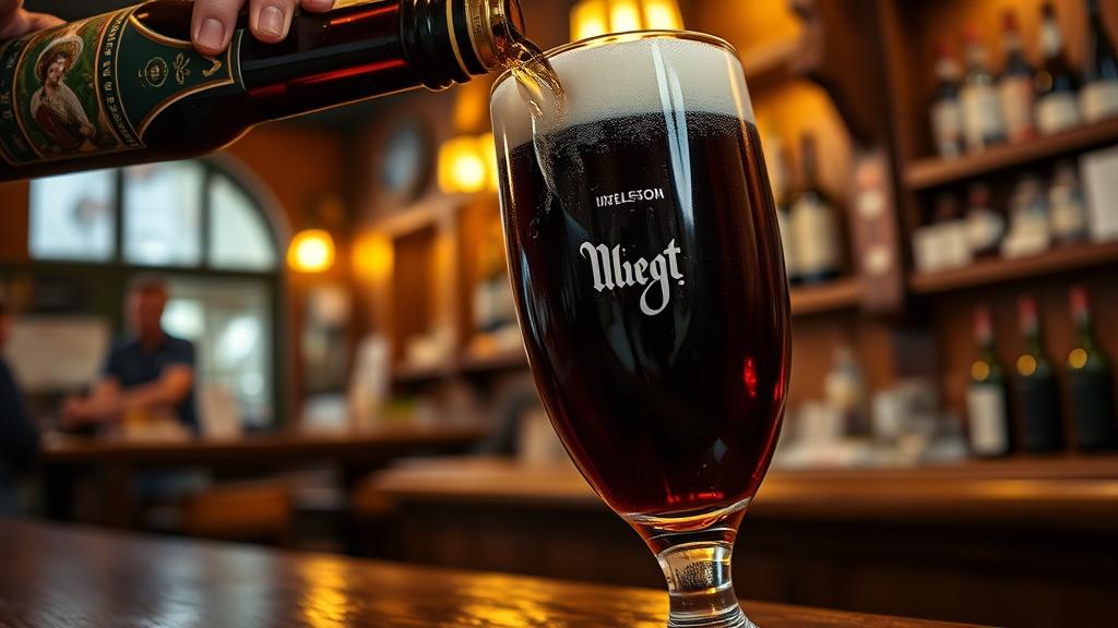 Czech dark lager being poured with rich mahogany colour and creamy head