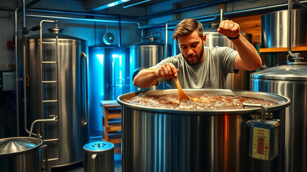 Homebrewer stirring dark wort in large stainless steel kettle during brew day