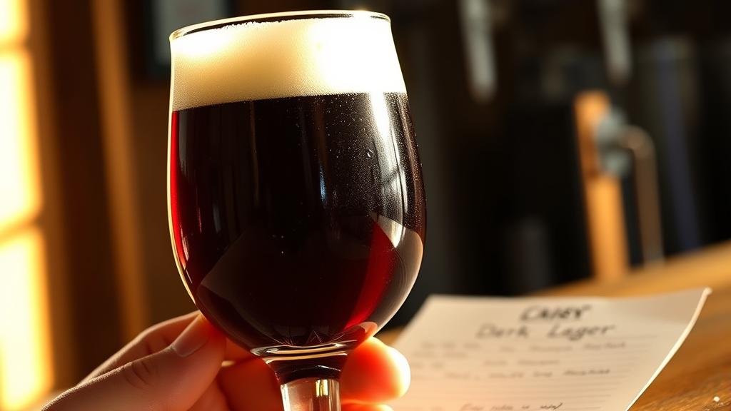 Czech dark lager in tulip glass showing rich mahogany colour, held to light, with tasting notes