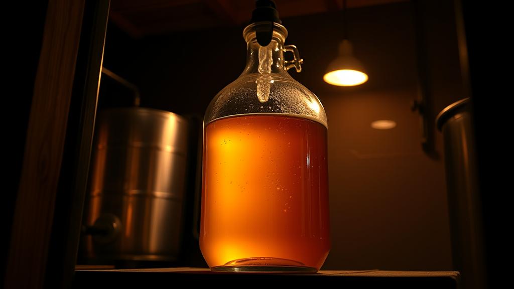 Glass carboy fermenter filled with amber beer, airlock bubbling gently, shelf in dimly lit brewery closet