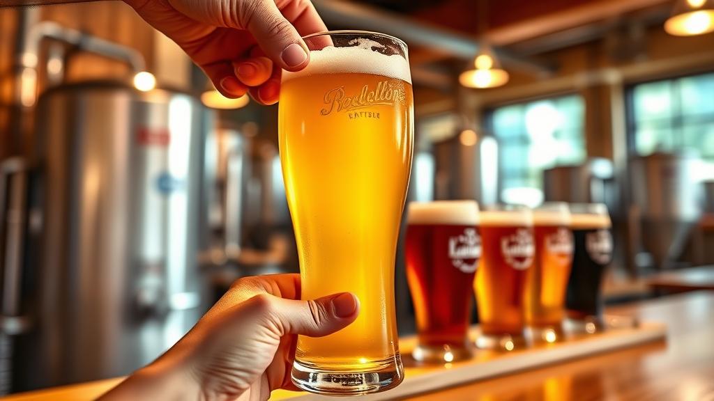Glass of pale ale held to light showing golden color, beer flight lineup on wooden bar