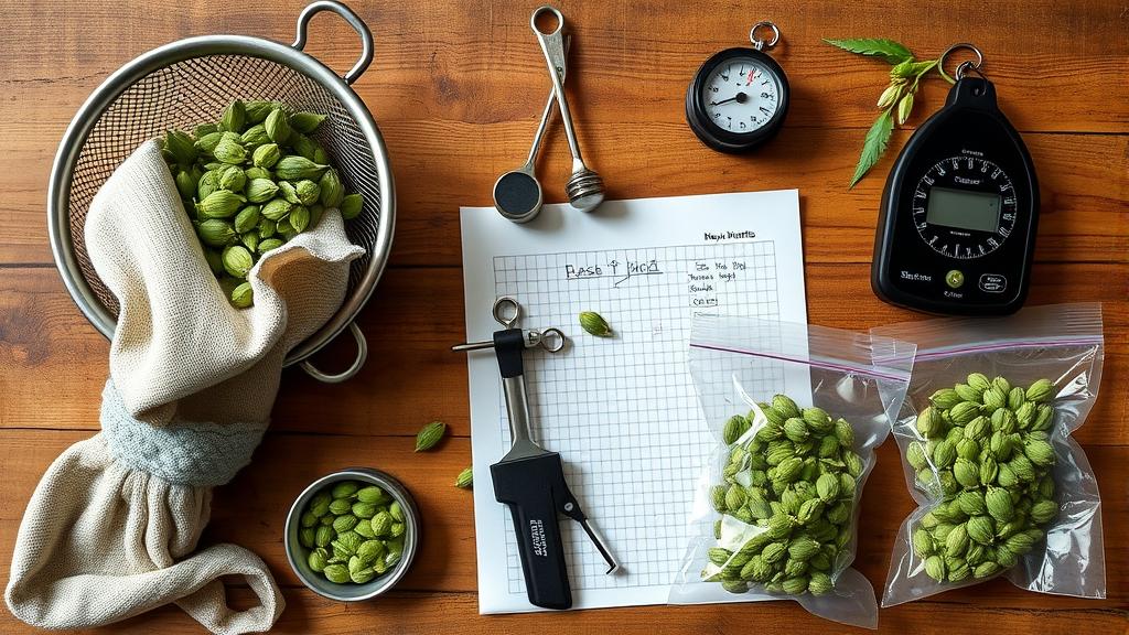 Flat-lay of dry hopping equipment: mesh strainer, hop sock, thermometer, brewing notes, scale, and hop pellets