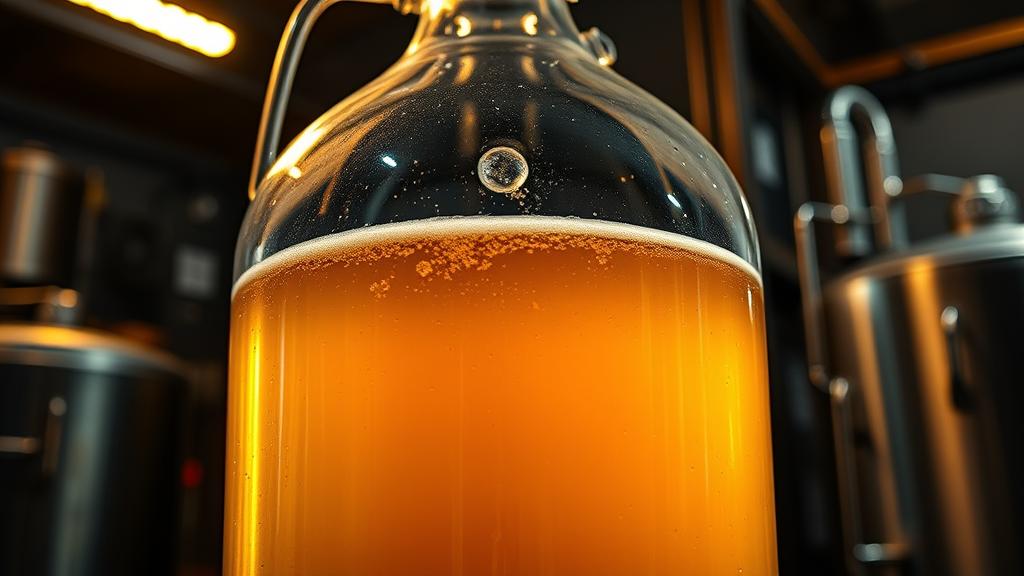 Glass carboy fermenter filled with golden beer, airlock bubbling in a garage brewery