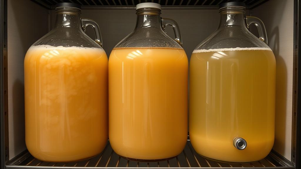Three glass carboys of functional wheat beer at different fermentation stages, from cloudy to crystal clear