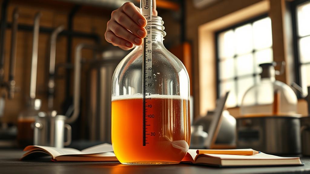 Homebrewer checking gravity with hydrometer in glass fermenter during fermentation monitoring