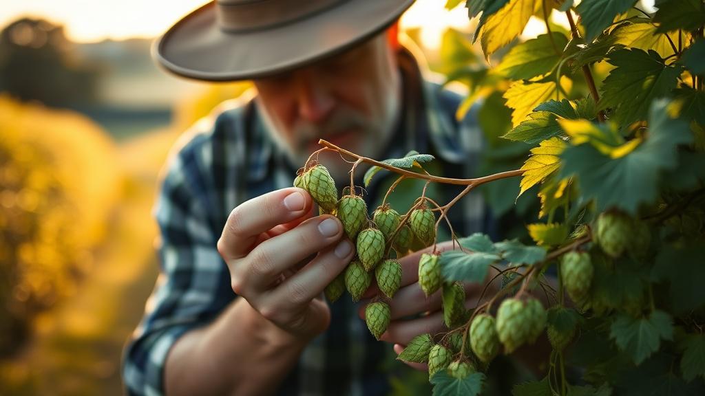 Homebrewer foraging fresh wild hops from a UK hedgerow at golden hour