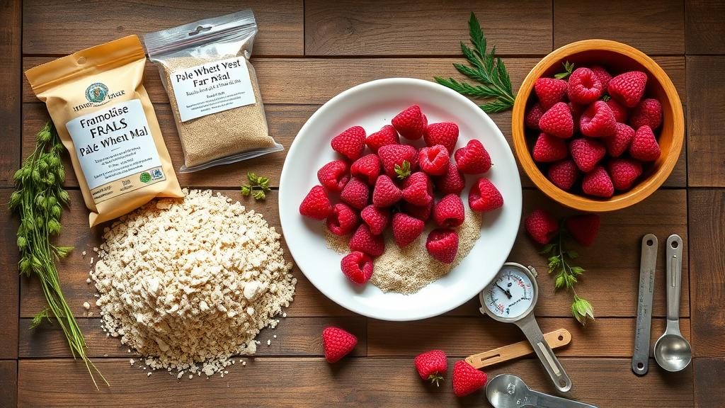 Homebrewing ingredients for Framboise: wheat malt, pilsner malt, raspberries, hops, and yeast