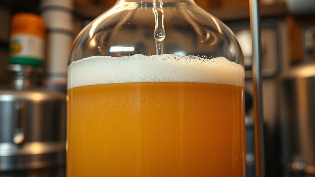 Glass carboy fermenter with pale golden wheat beer, active fermentation visible with airlock bubbling