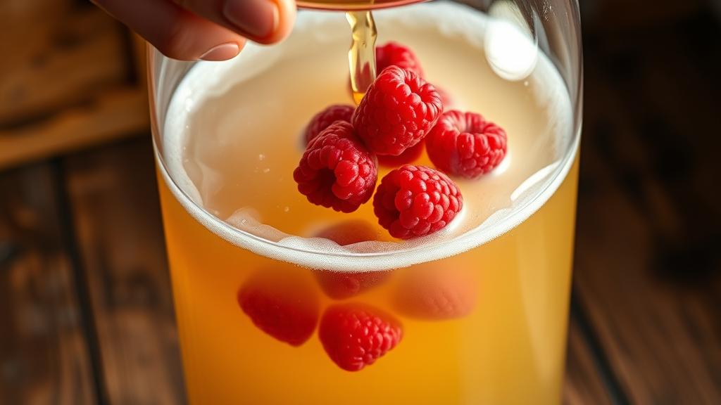Fresh raspberries being added to secondary fermenter during Framboise brewing