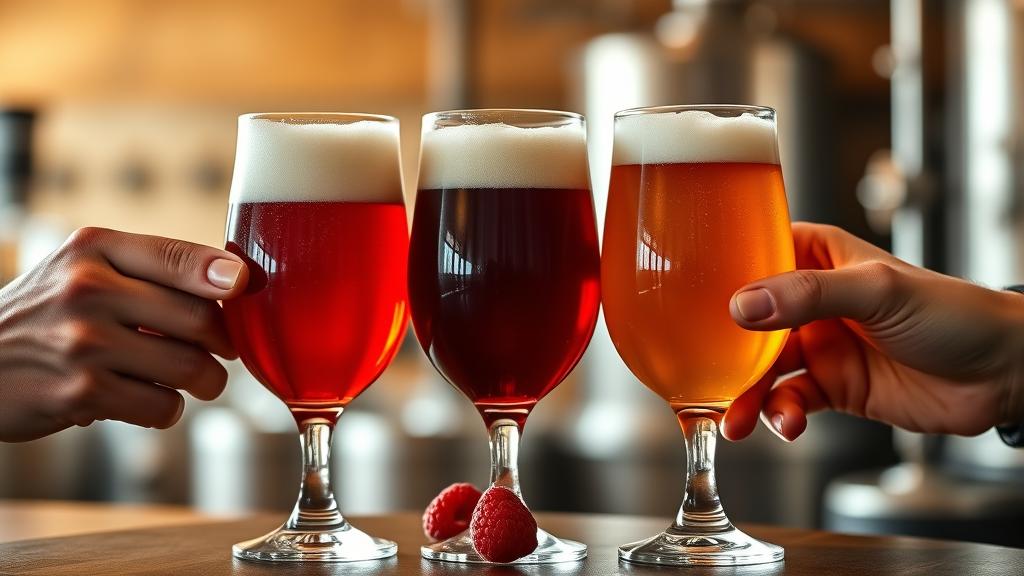 Three glasses of Framboise beer in Belgian tulips, ruby-red colour, thick foam heads, fresh raspberries between glasses