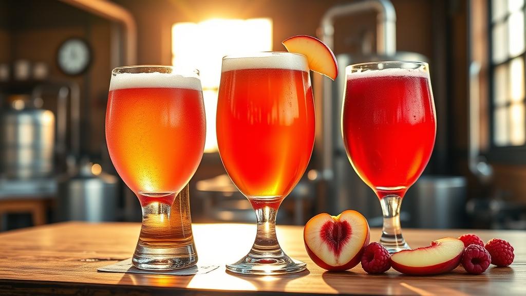 Vibrant fruity lagers in pint glasses with fruit garnishes and brewery lighting