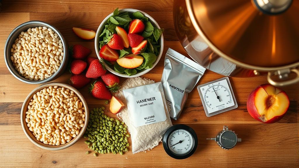 Overhead shot of lager brewing ingredients: malt, hops, strawberries, peaches, and yeast sachets