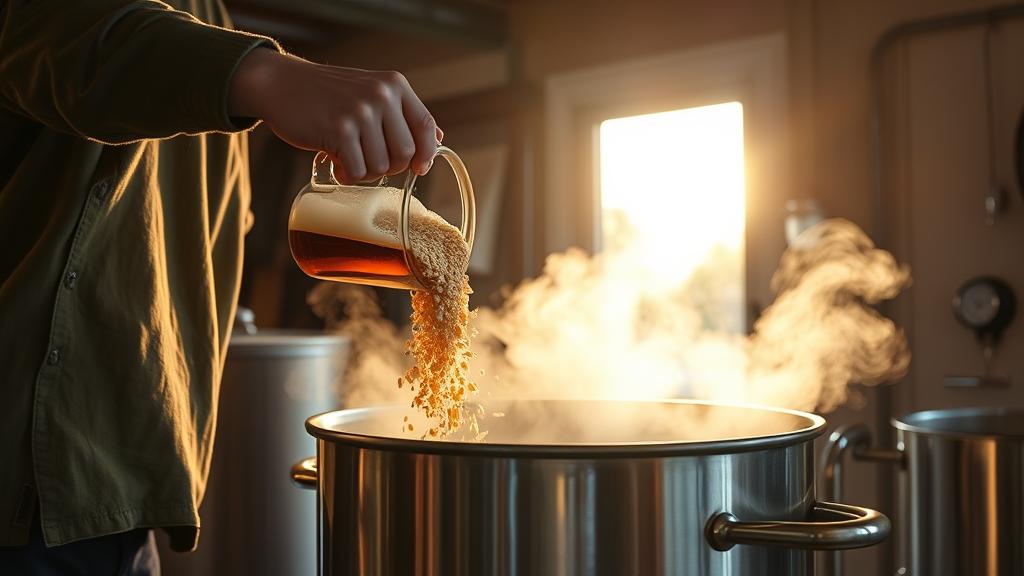 Homebrewer pouring crushed malt into a stainless steel brew kettle during mash