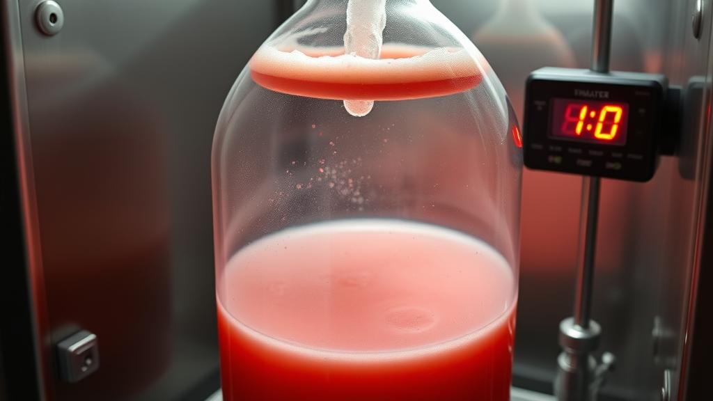 Glass carboy fermenter with pink lager actively fermenting in temperature-controlled chamber