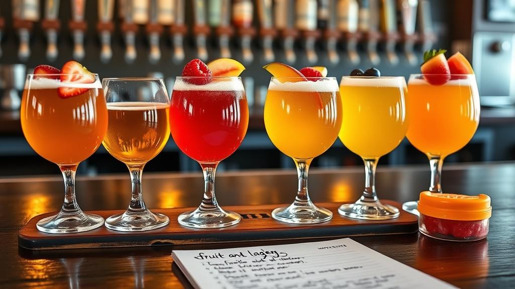 Four fruity lager samples in tulip glasses with fruit garnishes and tasting notes on a dark bar