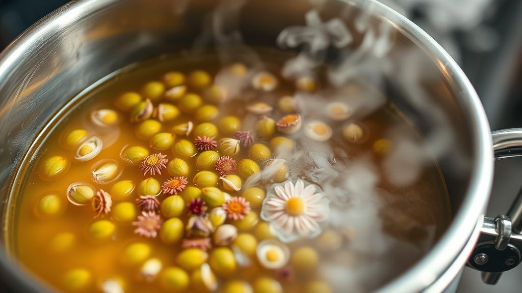 Close-up of boiling kettle with steam rising, botanical hop flowers and chamomile blooms swirling in golden liquid