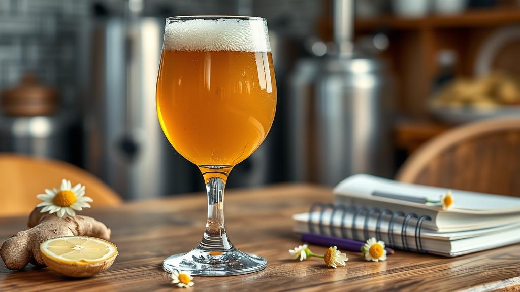 Perfect pour of functional pale ale in a Tulip glass, golden amber with creamy head, sat beside fresh ginger and chamomile flowers