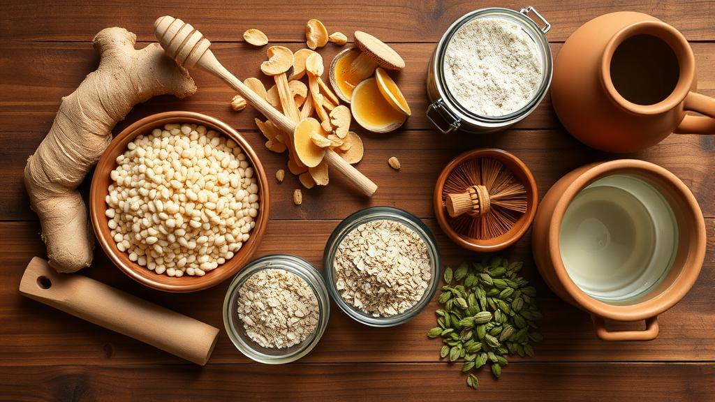 Overhead view of premium functional brewing ingredients: pale malt, ginger root, elderflower, adaptogens, honey, oats, and cascade hops