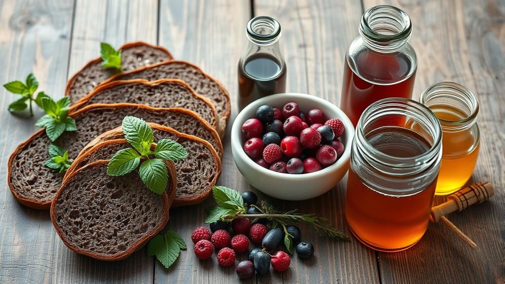 Kvass brewing ingredients: rye bread, berries, herbs and fermentation vessels