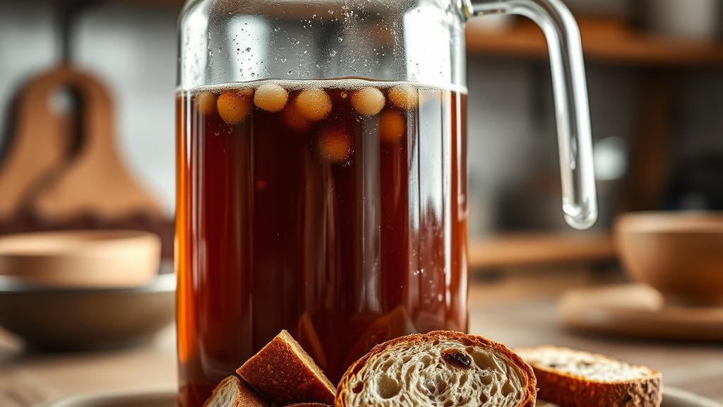 Close-up of kvass fermentation in glass vessel with bread pieces and dark liquid