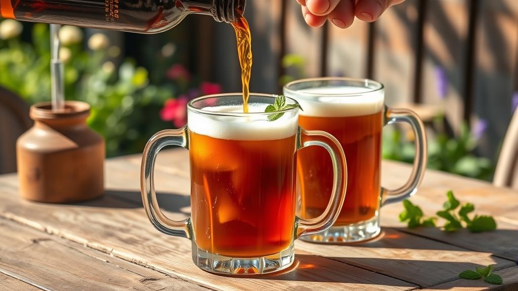 Kvass poured into vintage glass mugs with mint garnish in summer garden