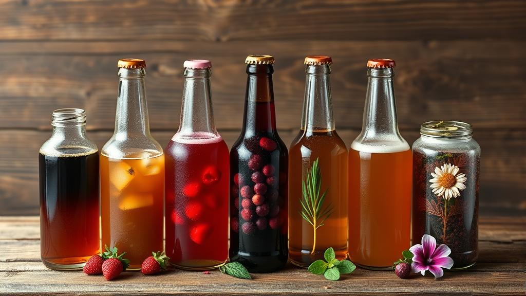 Five different kvass variations in bottles: traditional, ginger, berry, herbal, and floral editions